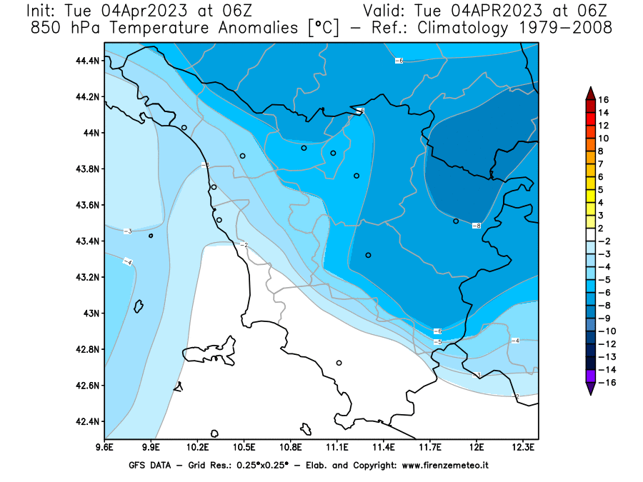 GFS analysi map - Temperature Anomalies [°C] at 850 hPa in Tuscany
									on 04/04/2023 06 <!--googleoff: index-->UTC<!--googleon: index-->