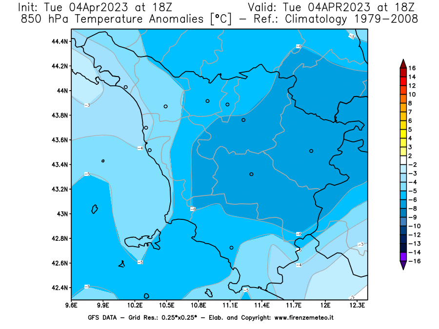 Mappa di analisi GFS - Anomalia Temperatura [°C] a 850 hPa in Toscana
							del 04/04/2023 18 <!--googleoff: index-->UTC<!--googleon: index-->