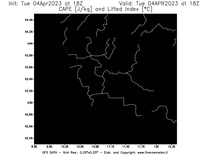 GFS analysi map - CAPE [J/kg] and Lifted Index [°C] in Tuscany
									on 04/04/2023 18 <!--googleoff: index-->UTC<!--googleon: index-->