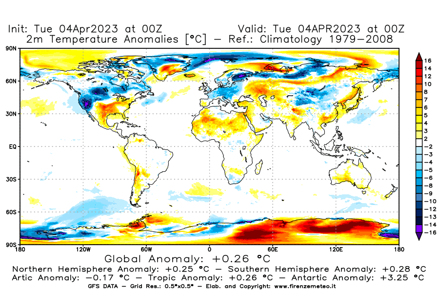 Mappa di analisi GFS - Anomalia Temperatura [°C] a 2 m in World
							del 04/04/2023 00 <!--googleoff: index-->UTC<!--googleon: index-->