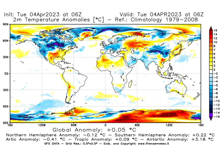 Mappa di analisi GFS - Anomalia Temperatura [°C] a 2 m in World
							del 04/04/2023 06 <!--googleoff: index-->UTC<!--googleon: index-->
