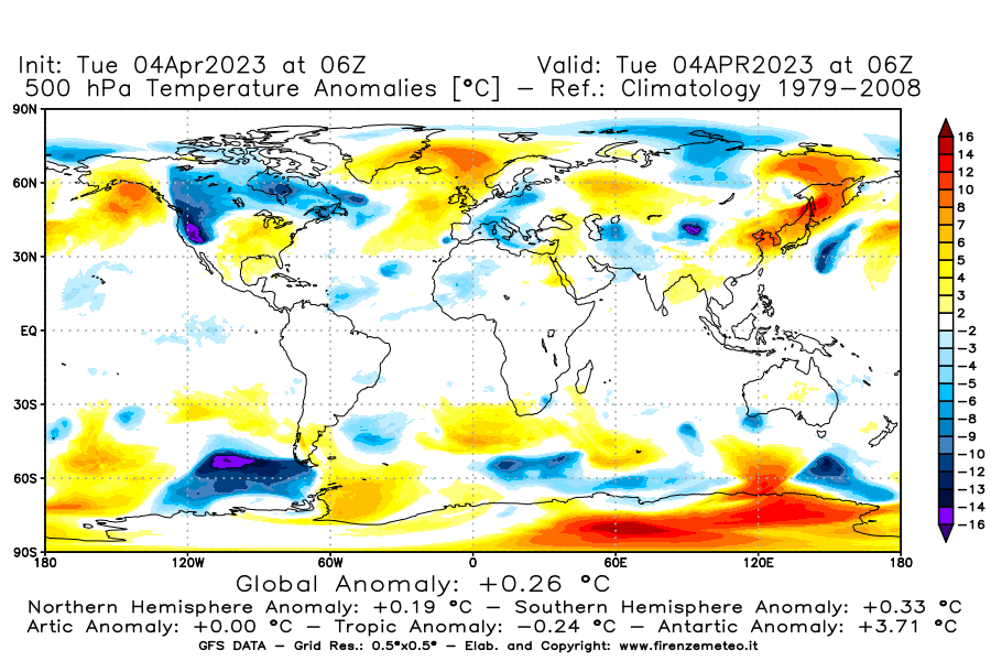 Mappa di analisi GFS - Anomalia Temperatura [°C] a 500 hPa in World
							del 04/04/2023 06 <!--googleoff: index-->UTC<!--googleon: index-->