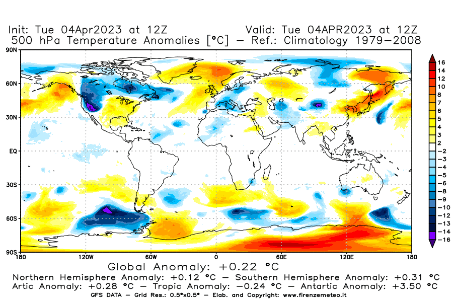 Mappa di analisi GFS - Anomalia Temperatura [°C] a 500 hPa in World
							del 04/04/2023 12 <!--googleoff: index-->UTC<!--googleon: index-->