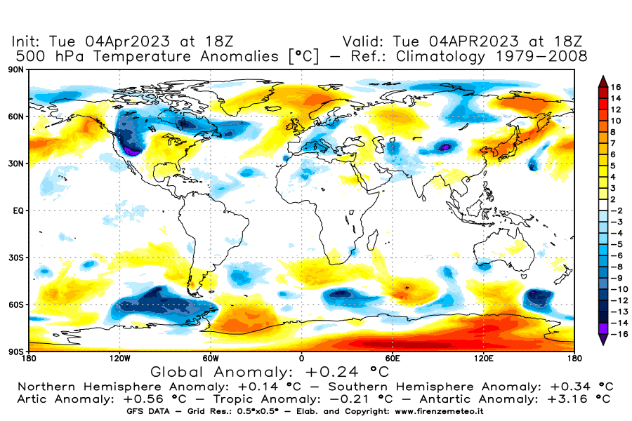 Mappa di analisi GFS - Anomalia Temperatura [°C] a 500 hPa in World
							del 04/04/2023 18 <!--googleoff: index-->UTC<!--googleon: index-->