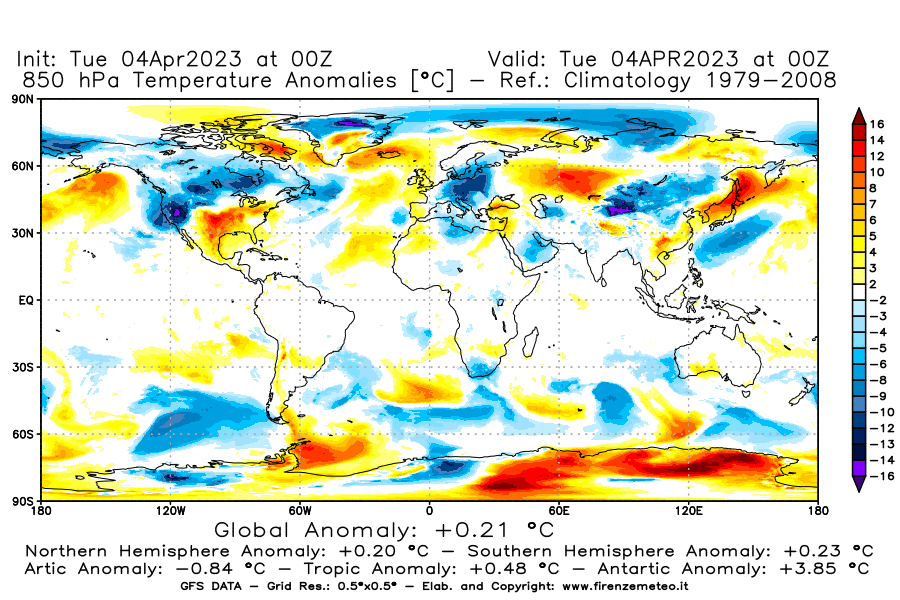 Mappa di analisi GFS - Anomalia Temperatura [°C] a 850 hPa in World
							del 04/04/2023 00 <!--googleoff: index-->UTC<!--googleon: index-->