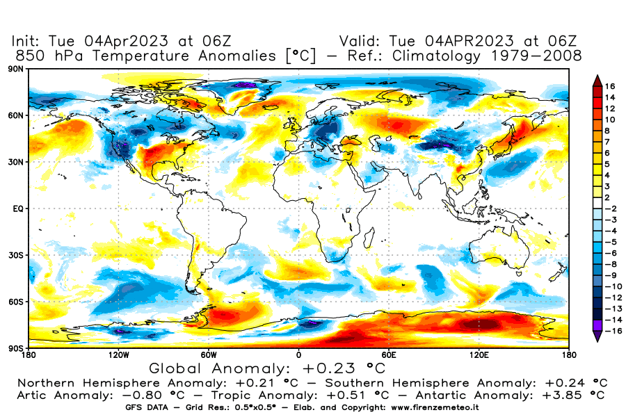 Mappa di analisi GFS - Anomalia Temperatura [°C] a 850 hPa in World
							del 04/04/2023 06 <!--googleoff: index-->UTC<!--googleon: index-->