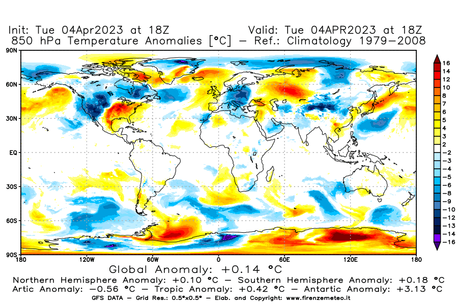 Mappa di analisi GFS - Anomalia Temperatura [°C] a 850 hPa in World
							del 04/04/2023 18 <!--googleoff: index-->UTC<!--googleon: index-->