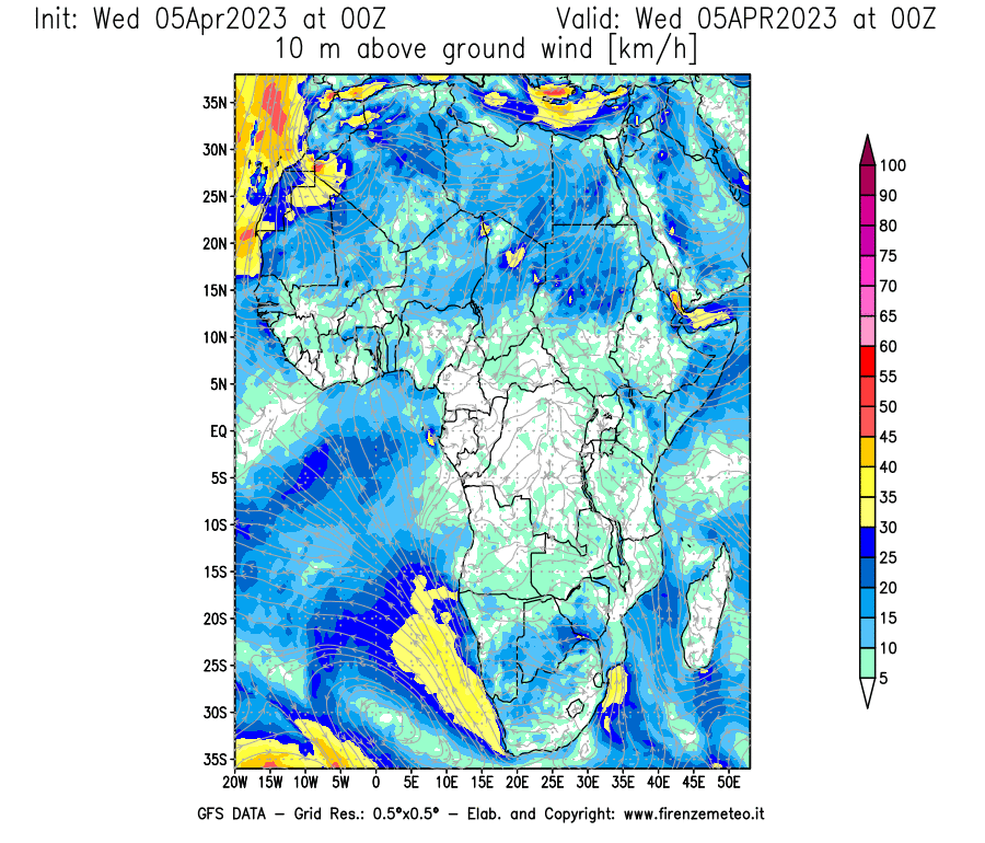 GFS analysi map - Wind Speed at 10 m above ground [km/h] in Africa
									on 05/04/2023 00 <!--googleoff: index-->UTC<!--googleon: index-->