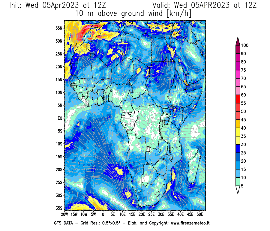 GFS analysi map - Wind Speed at 10 m above ground [km/h] in Africa
									on 05/04/2023 12 <!--googleoff: index-->UTC<!--googleon: index-->