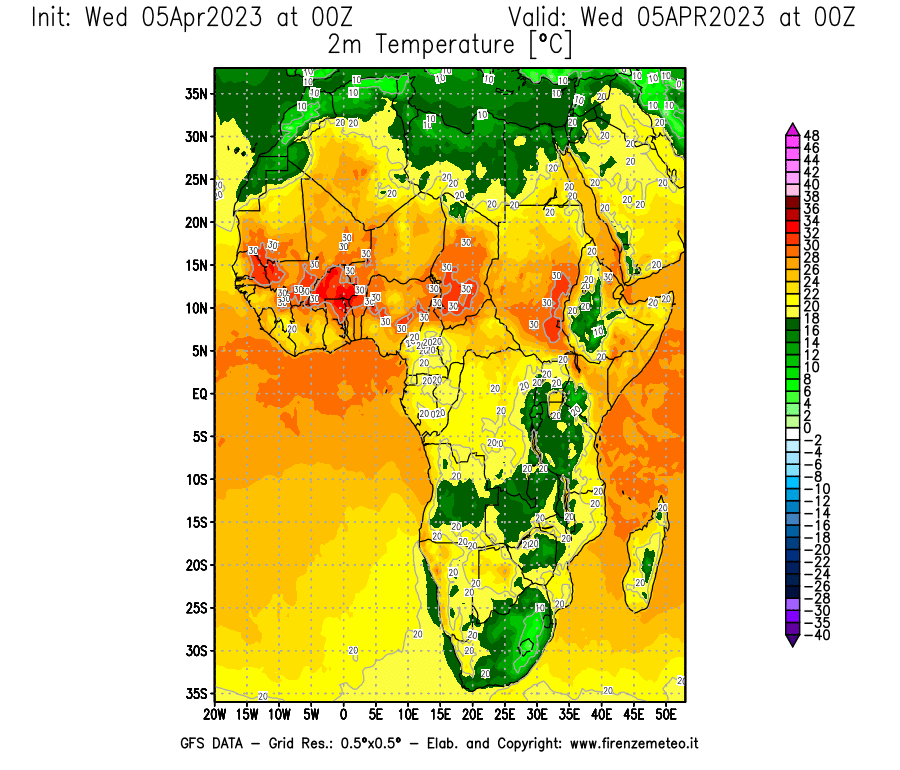 GFS analysi map - Temperature at 2 m above ground [°C] in Africa
									on 05/04/2023 00 <!--googleoff: index-->UTC<!--googleon: index-->