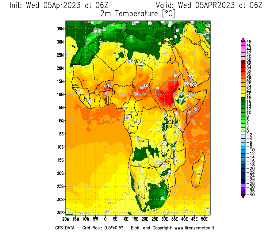 GFS analysi map - Temperature at 2 m above ground [°C] in Africa
									on 05/04/2023 06 <!--googleoff: index-->UTC<!--googleon: index-->