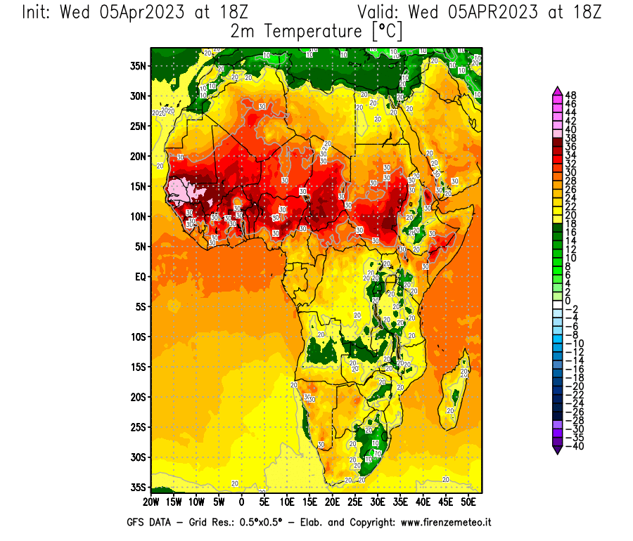 GFS analysi map - Temperature at 2 m above ground [°C] in Africa
									on 05/04/2023 18 <!--googleoff: index-->UTC<!--googleon: index-->
