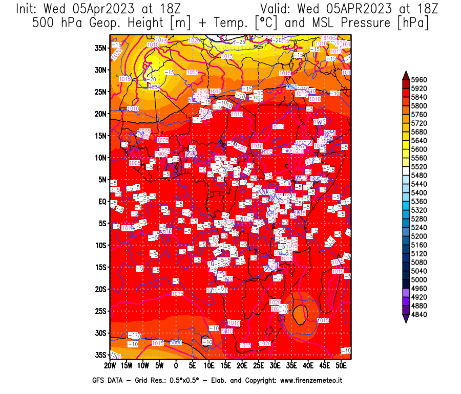 GFS analysi map - Geopotential [m] + Temp. [°C] at 500 hPa + Sea Level Pressure [hPa] in Africa
									on 05/04/2023 18 <!--googleoff: index-->UTC<!--googleon: index-->