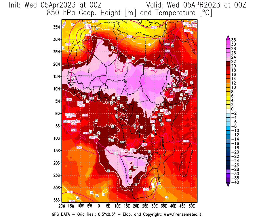 GFS analysi map - Geopotential [m] and Temperature [°C] at 850 hPa in Africa
									on 05/04/2023 00 <!--googleoff: index-->UTC<!--googleon: index-->