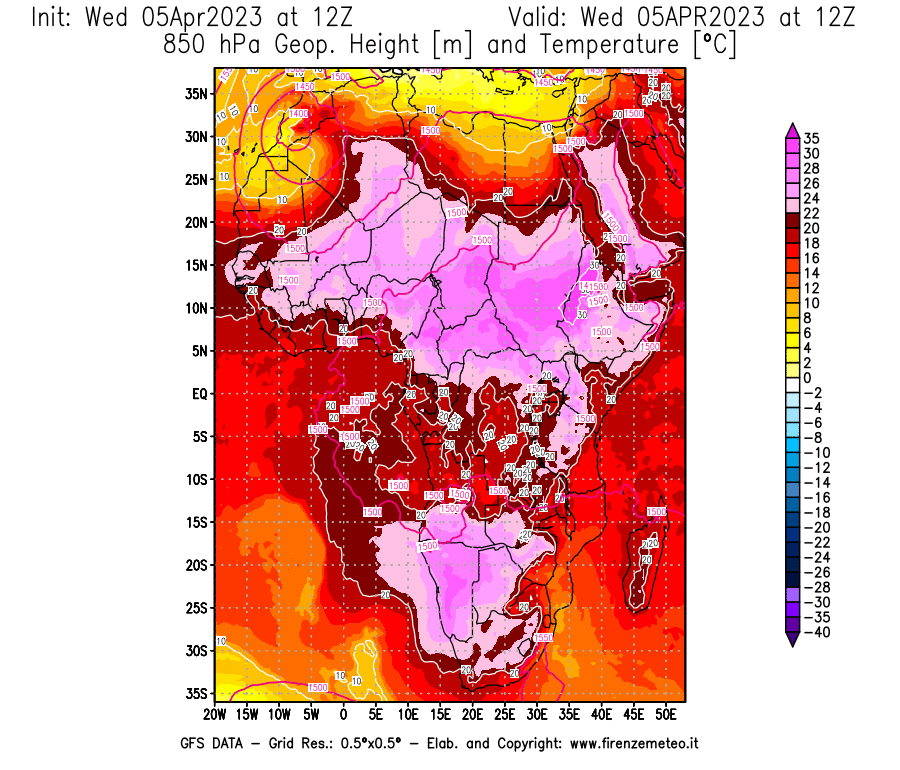 GFS analysi map - Geopotential [m] and Temperature [°C] at 850 hPa in Africa
									on 05/04/2023 12 <!--googleoff: index-->UTC<!--googleon: index-->