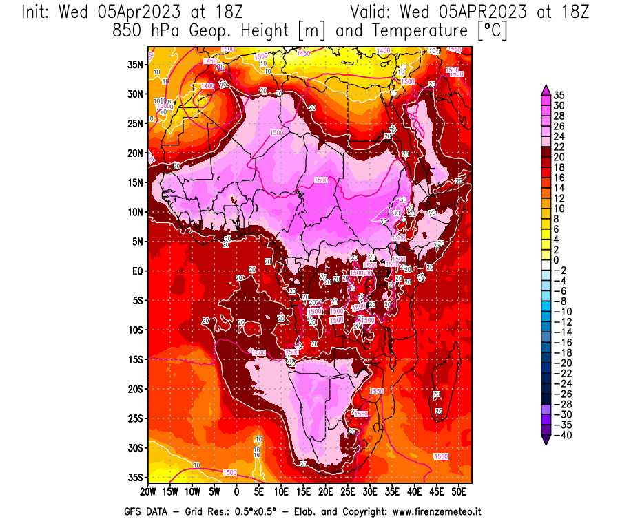 GFS analysi map - Geopotential [m] and Temperature [°C] at 850 hPa in Africa
									on 05/04/2023 18 <!--googleoff: index-->UTC<!--googleon: index-->
