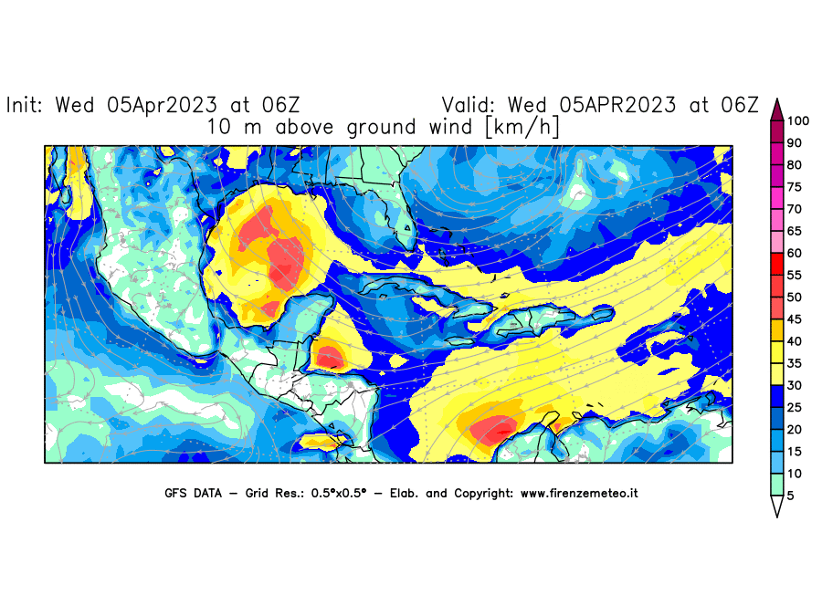 GFS analysi map - Wind Speed at 10 m above ground [km/h] in Central America
									on 05/04/2023 06 <!--googleoff: index-->UTC<!--googleon: index-->