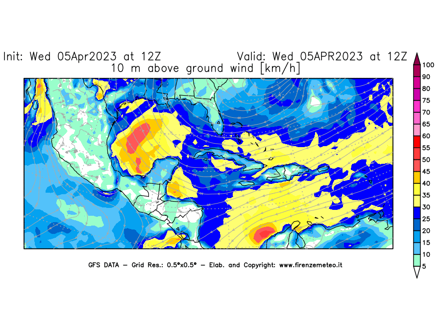 GFS analysi map - Wind Speed at 10 m above ground [km/h] in Central America
									on 05/04/2023 12 <!--googleoff: index-->UTC<!--googleon: index-->