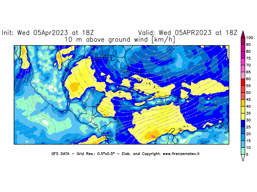 GFS analysi map - Wind Speed at 10 m above ground [km/h] in Central America
									on 05/04/2023 18 <!--googleoff: index-->UTC<!--googleon: index-->