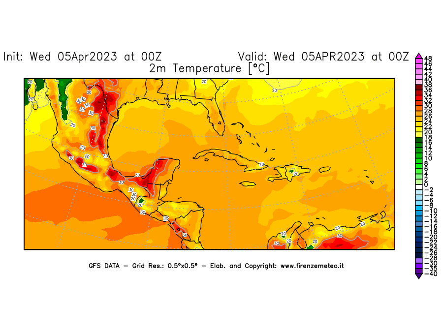 GFS analysi map - Temperature at 2 m above ground [°C] in Central America
									on 05/04/2023 00 <!--googleoff: index-->UTC<!--googleon: index-->