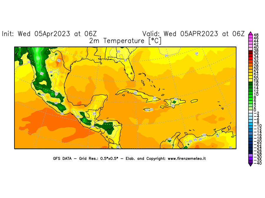 GFS analysi map - Temperature at 2 m above ground [°C] in Central America
									on 05/04/2023 06 <!--googleoff: index-->UTC<!--googleon: index-->