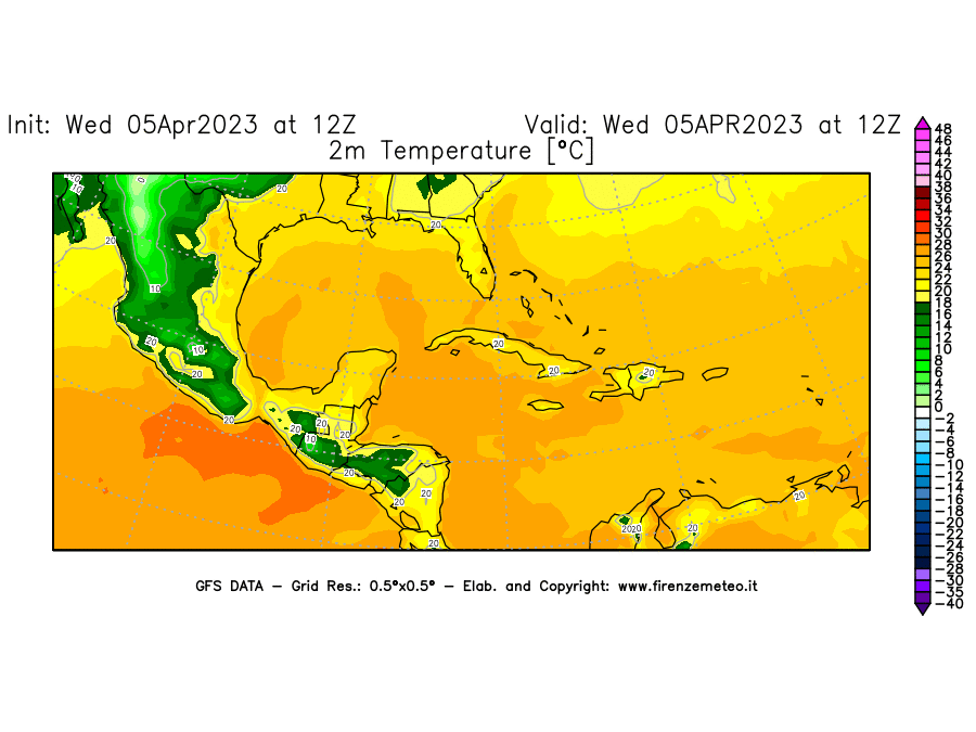 GFS analysi map - Temperature at 2 m above ground [°C] in Central America
									on 05/04/2023 12 <!--googleoff: index-->UTC<!--googleon: index-->