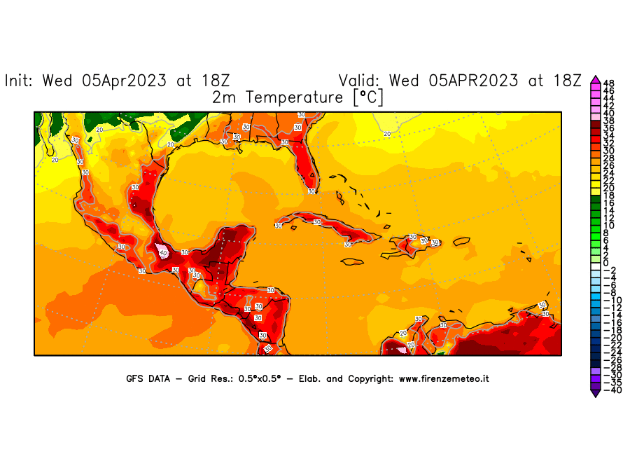 GFS analysi map - Temperature at 2 m above ground [°C] in Central America
									on 05/04/2023 18 <!--googleoff: index-->UTC<!--googleon: index-->