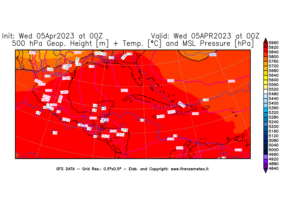 GFS analysi map - Geopotential [m] + Temp. [°C] at 500 hPa + Sea Level Pressure [hPa] in Central America
									on 05/04/2023 00 <!--googleoff: index-->UTC<!--googleon: index-->