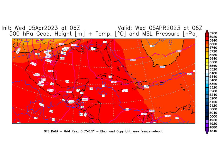 GFS analysi map - Geopotential [m] + Temp. [°C] at 500 hPa + Sea Level Pressure [hPa] in Central America
									on 05/04/2023 06 <!--googleoff: index-->UTC<!--googleon: index-->