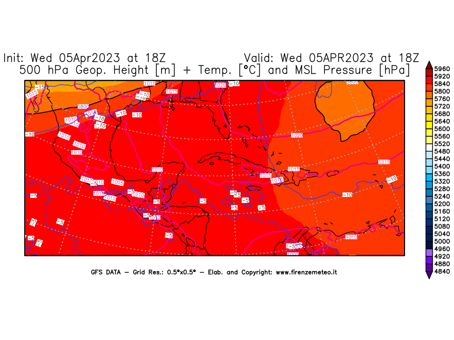 GFS analysi map - Geopotential [m] + Temp. [°C] at 500 hPa + Sea Level Pressure [hPa] in Central America
									on 05/04/2023 18 <!--googleoff: index-->UTC<!--googleon: index-->