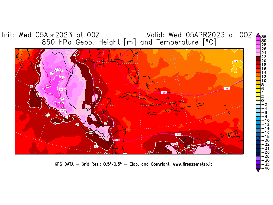 GFS analysi map - Geopotential [m] and Temperature [°C] at 850 hPa in Central America
									on 05/04/2023 00 <!--googleoff: index-->UTC<!--googleon: index-->