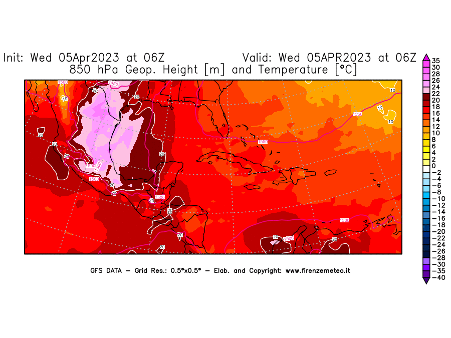 GFS analysi map - Geopotential [m] and Temperature [°C] at 850 hPa in Central America
									on 05/04/2023 06 <!--googleoff: index-->UTC<!--googleon: index-->