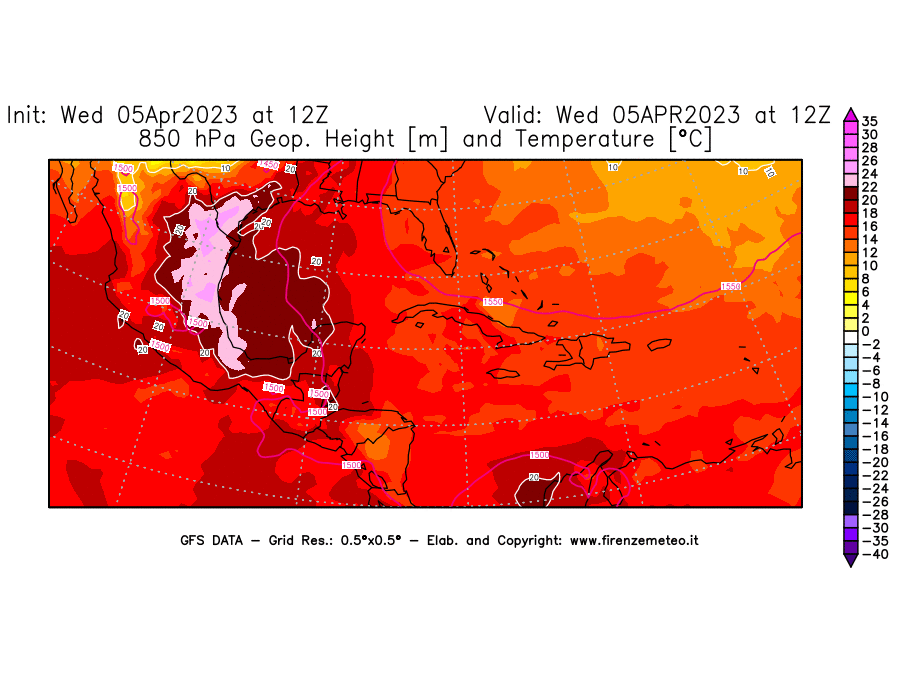 GFS analysi map - Geopotential [m] and Temperature [°C] at 850 hPa in Central America
									on 05/04/2023 12 <!--googleoff: index-->UTC<!--googleon: index-->