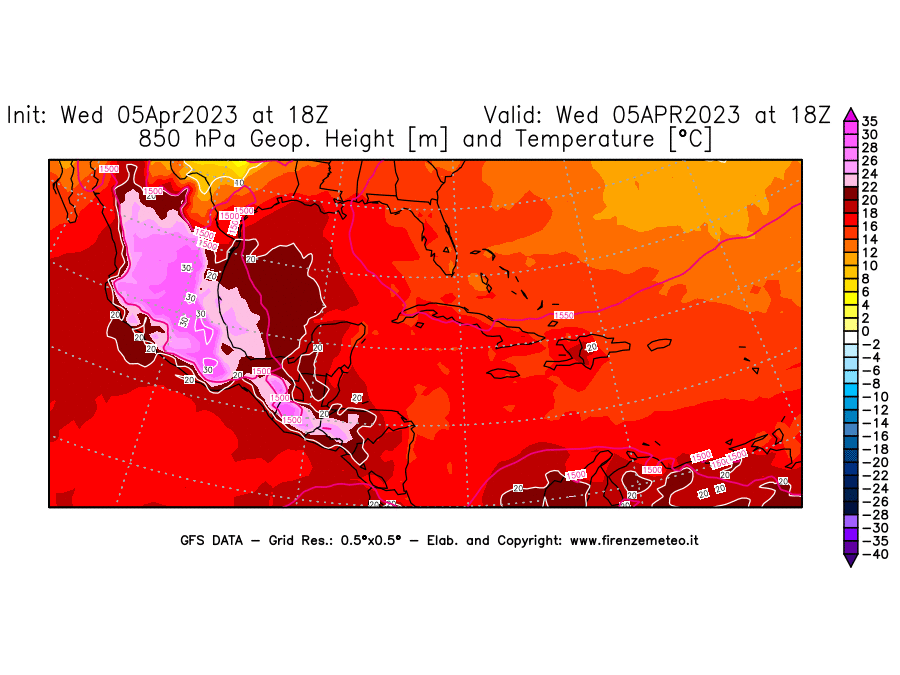GFS analysi map - Geopotential [m] and Temperature [°C] at 850 hPa in Central America
									on 05/04/2023 18 <!--googleoff: index-->UTC<!--googleon: index-->