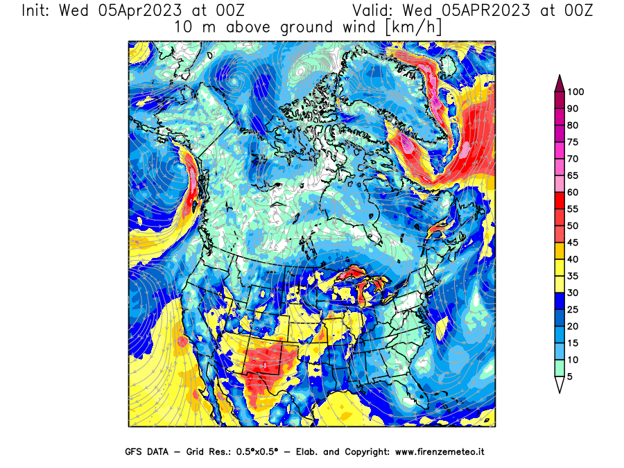 GFS analysi map - Wind Speed at 10 m above ground [km/h] in North America
									on 05/04/2023 00 <!--googleoff: index-->UTC<!--googleon: index-->
