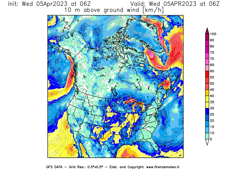 GFS analysi map - Wind Speed at 10 m above ground [km/h] in North America
									on 05/04/2023 06 <!--googleoff: index-->UTC<!--googleon: index-->