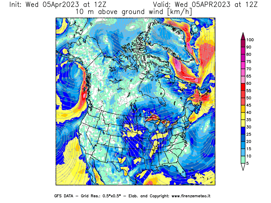 GFS analysi map - Wind Speed at 10 m above ground [km/h] in North America
									on 05/04/2023 12 <!--googleoff: index-->UTC<!--googleon: index-->