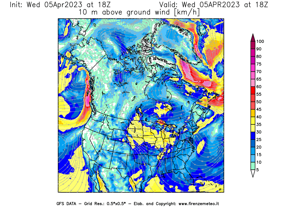 GFS analysi map - Wind Speed at 10 m above ground [km/h] in North America
									on 05/04/2023 18 <!--googleoff: index-->UTC<!--googleon: index-->