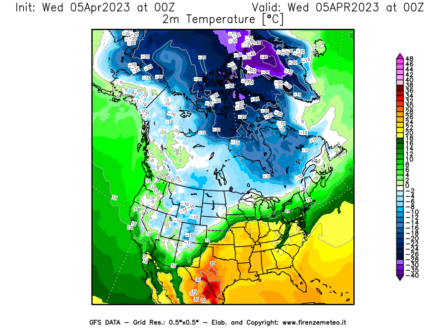 GFS analysi map - Temperature at 2 m above ground [°C] in North America
									on 05/04/2023 00 <!--googleoff: index-->UTC<!--googleon: index-->