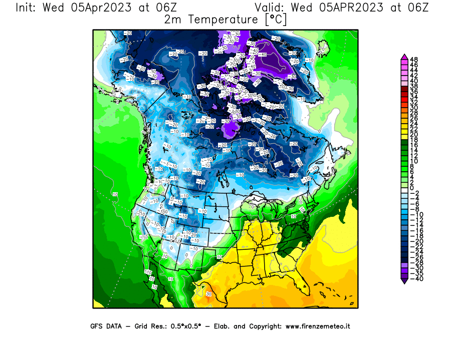 GFS analysi map - Temperature at 2 m above ground [°C] in North America
									on 05/04/2023 06 <!--googleoff: index-->UTC<!--googleon: index-->