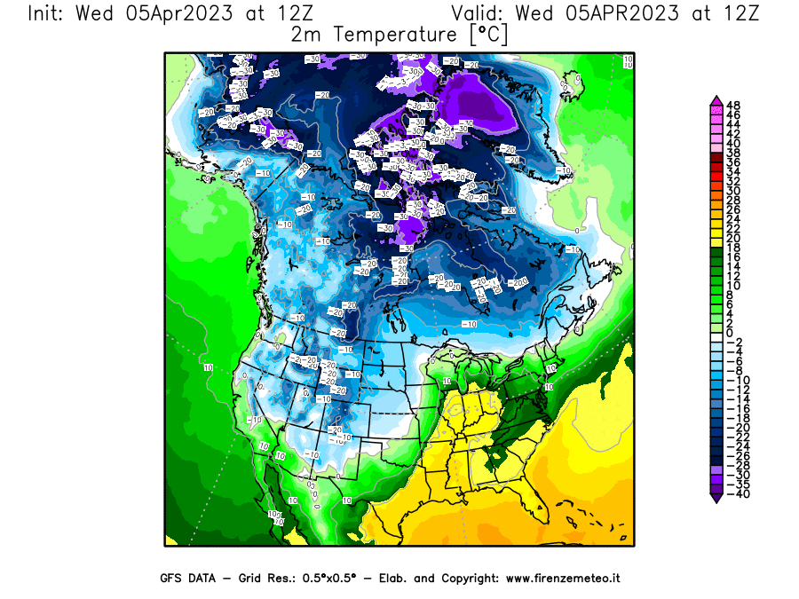 GFS analysi map - Temperature at 2 m above ground [°C] in North America
									on 05/04/2023 12 <!--googleoff: index-->UTC<!--googleon: index-->