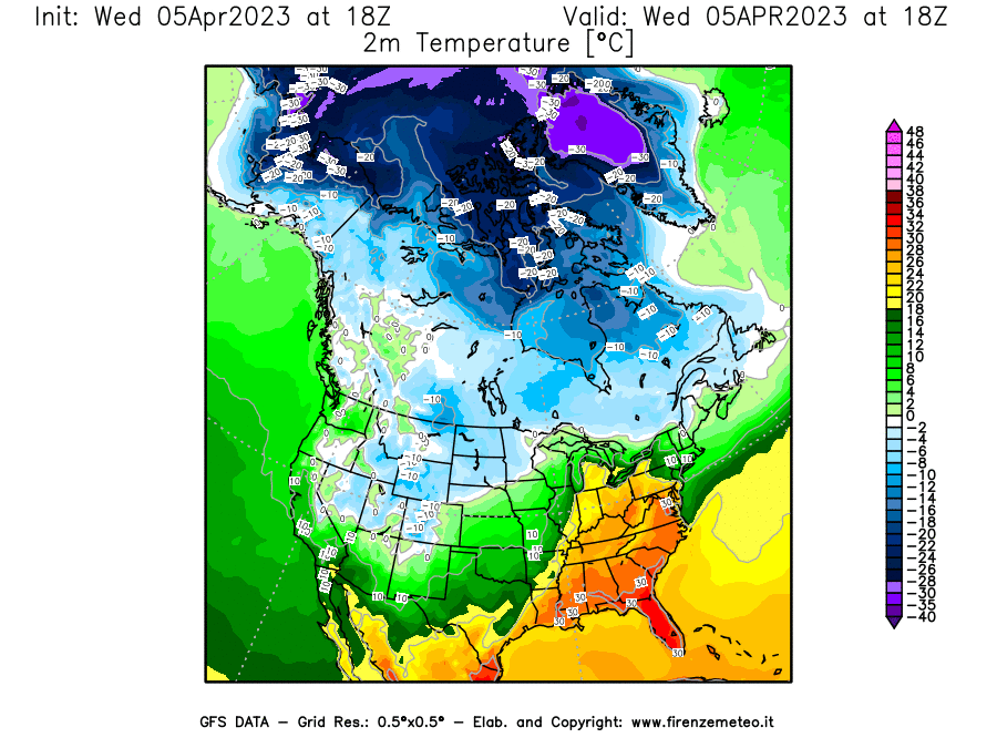 GFS analysi map - Temperature at 2 m above ground [°C] in North America
									on 05/04/2023 18 <!--googleoff: index-->UTC<!--googleon: index-->