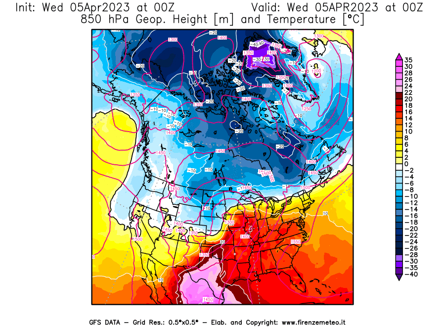 GFS analysi map - Geopotential [m] and Temperature [°C] at 850 hPa in North America
									on 05/04/2023 00 <!--googleoff: index-->UTC<!--googleon: index-->