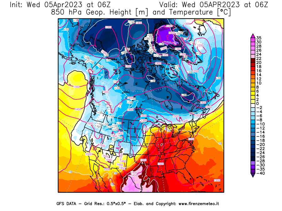 GFS analysi map - Geopotential [m] and Temperature [°C] at 850 hPa in North America
									on 05/04/2023 06 <!--googleoff: index-->UTC<!--googleon: index-->