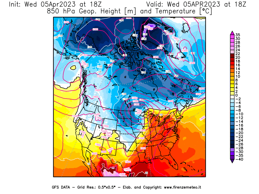 GFS analysi map - Geopotential [m] and Temperature [°C] at 850 hPa in North America
									on 05/04/2023 18 <!--googleoff: index-->UTC<!--googleon: index-->