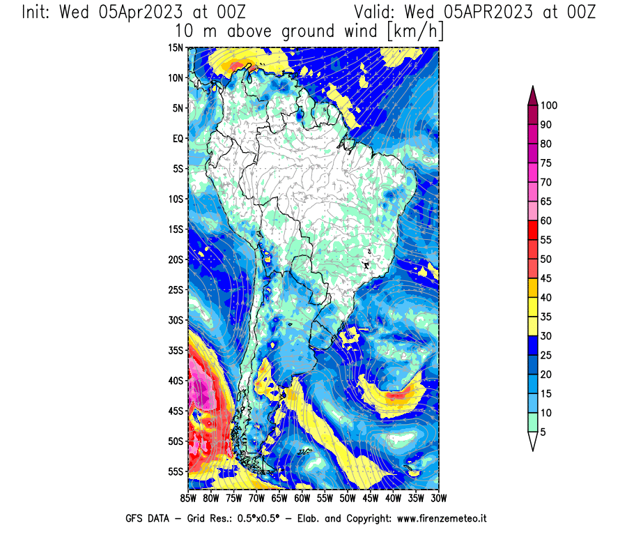 GFS analysi map - Wind Speed at 10 m above ground [km/h] in South America
									on 05/04/2023 00 <!--googleoff: index-->UTC<!--googleon: index-->