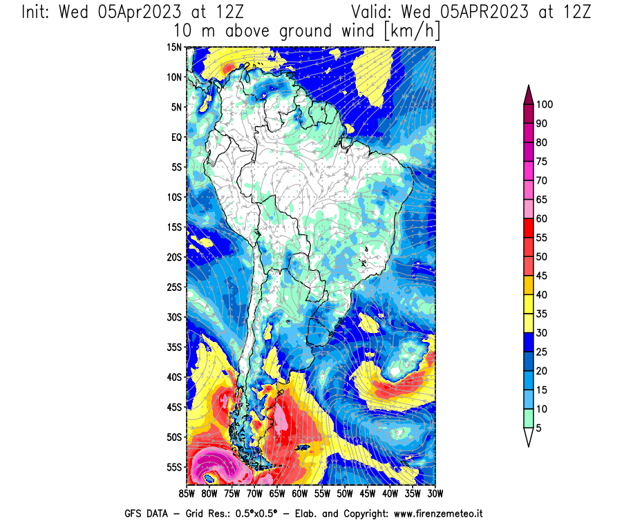 GFS analysi map - Wind Speed at 10 m above ground [km/h] in South America
									on 05/04/2023 12 <!--googleoff: index-->UTC<!--googleon: index-->