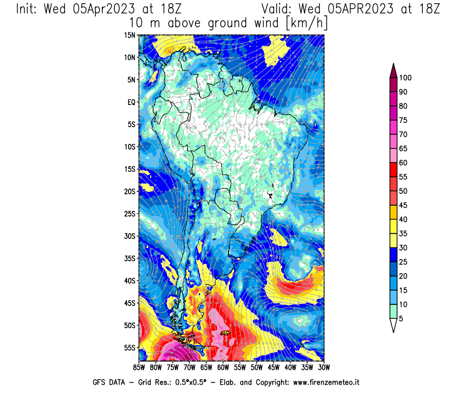 GFS analysi map - Wind Speed at 10 m above ground [km/h] in South America
									on 05/04/2023 18 <!--googleoff: index-->UTC<!--googleon: index-->