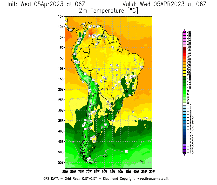 GFS analysi map - Temperature at 2 m above ground [°C] in South America
									on 05/04/2023 06 <!--googleoff: index-->UTC<!--googleon: index-->