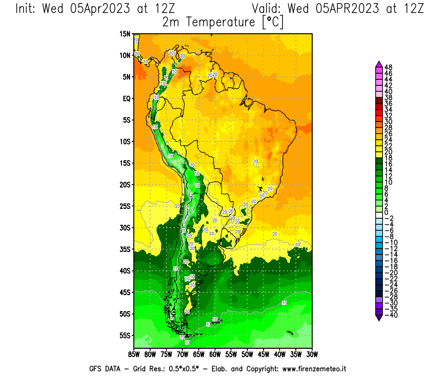 GFS analysi map - Temperature at 2 m above ground [°C] in South America
									on 05/04/2023 12 <!--googleoff: index-->UTC<!--googleon: index-->